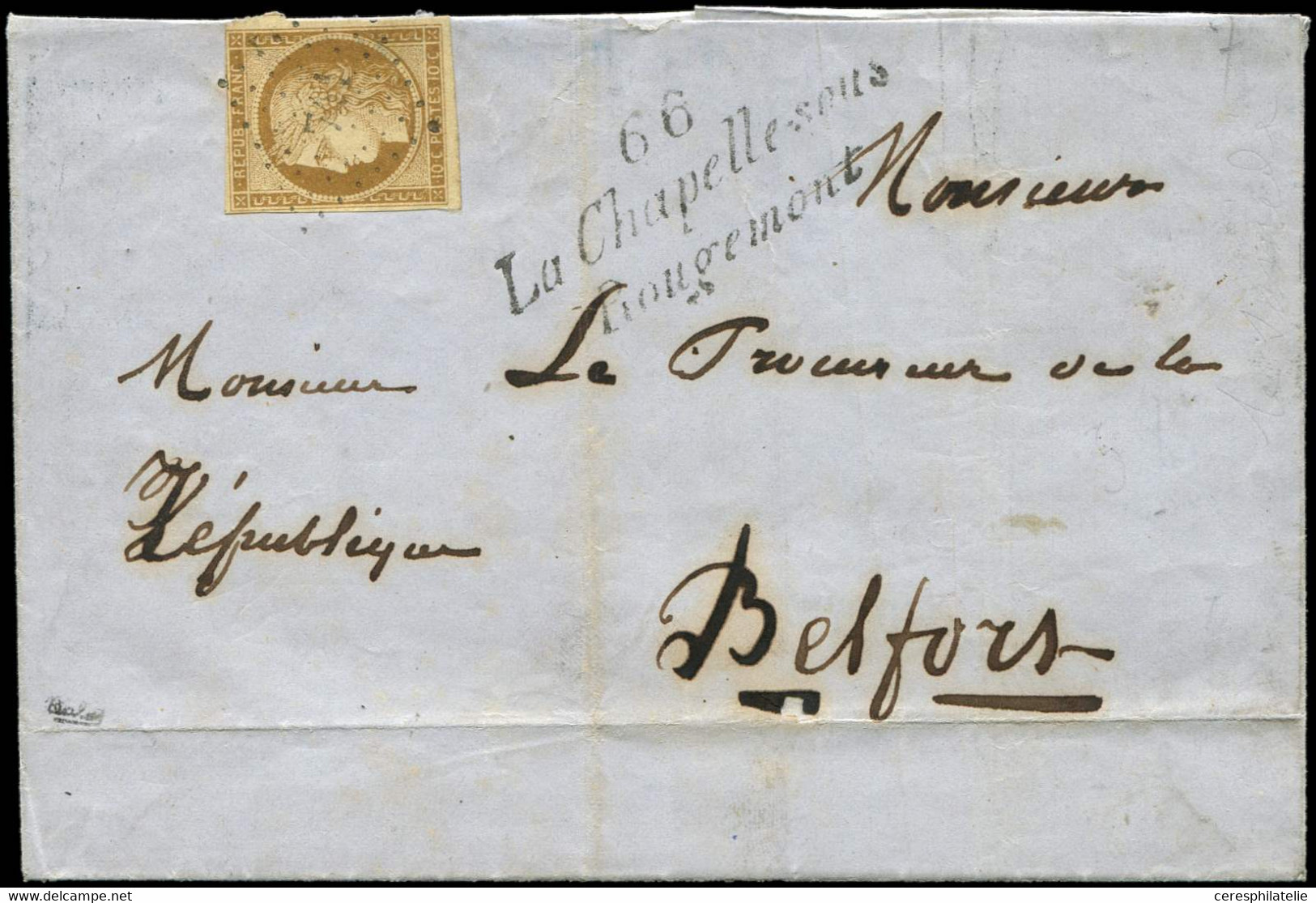 Let EMISSION DE 1849 - 1    10c. Bistre-jaune, Obl. PC 741 S. LSC, Cursive 66/LA CHAPELLE-SOUS/ROUGEMONT, TTB - 1849-1876: Klassieke Periode