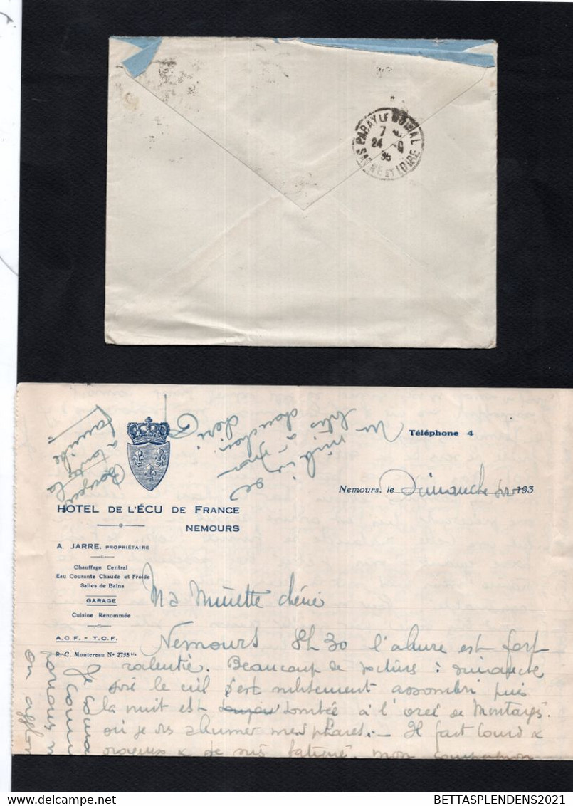 LAC - Entête Enveloppe Et Courrier HOTEL DE L'ECU De FRANCE à NEMOURS - Cachet Convoyeur Sur Type PAIX - 1921-1960: Moderne