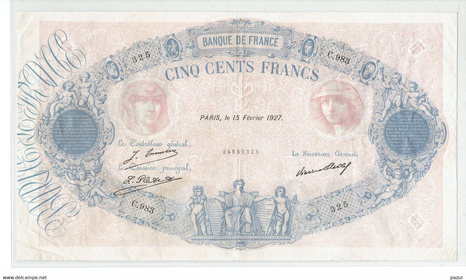 500 FRANCS BLEU ET ROSE - PARIS 15 FEVRIER 1927 - TTB+ - 1888 - 500 F 1888-1940 ''Bleu Et Rose''