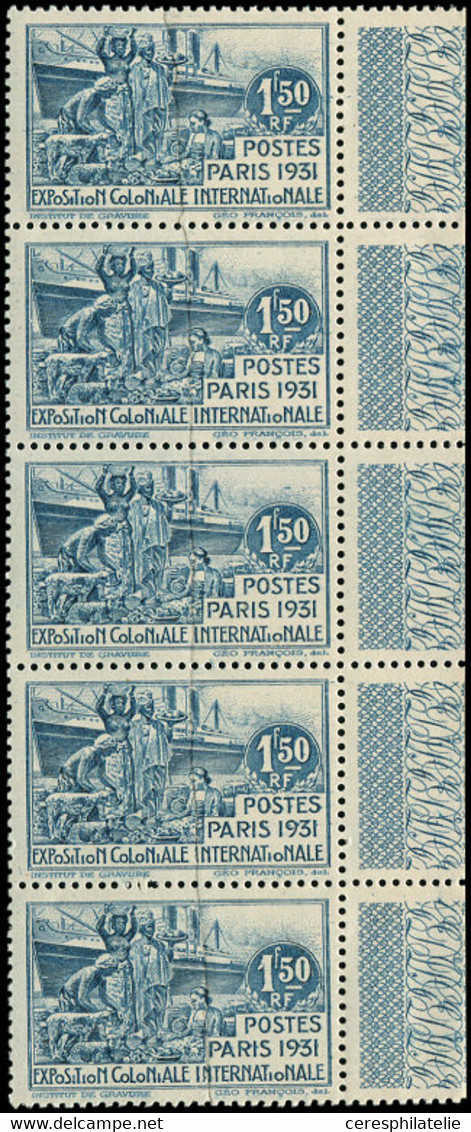 ** Grandes Séries Coloniales 1931 : Exposition Coloniale, 1f50 Bleu, BANDE Verticale De 5 Avec Impression S. RACCORD Sur - Zonder Classificatie