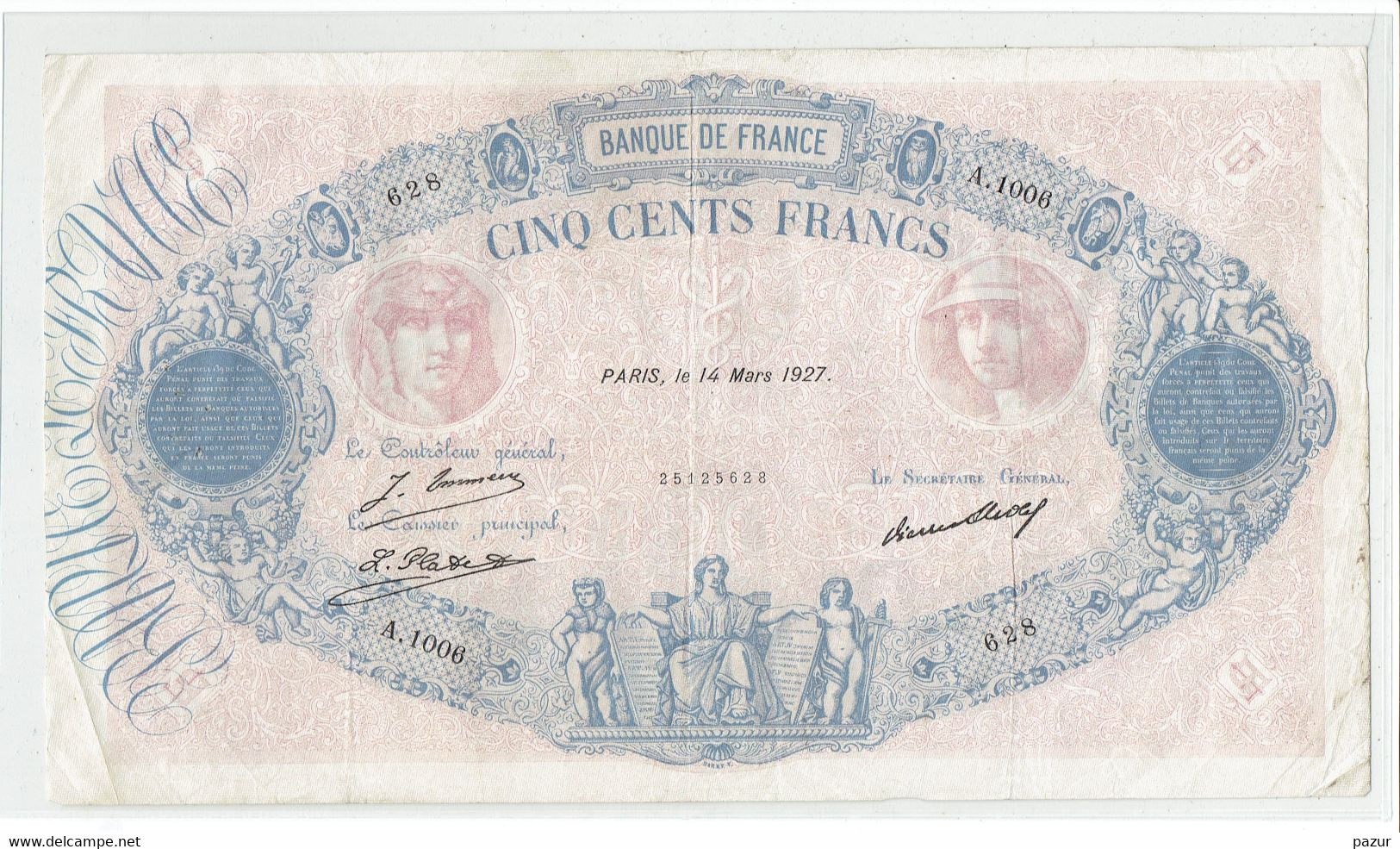 500 FRANCS BLEU ET ROSE - PARIS 14 MARS 1927 - TB à TTB - 1888 - 500 F 1888-1940 ''Bleu Et Rose''