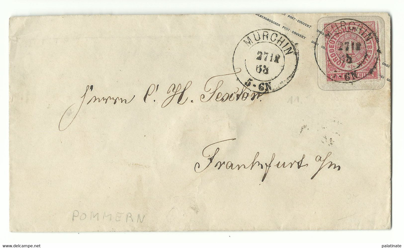 Preussen ZKS MURCHIN Auf Ganzsachen-Umschlag 1Gr. NDP 1868 Nach Frankfurt R! - Postwaardestukken