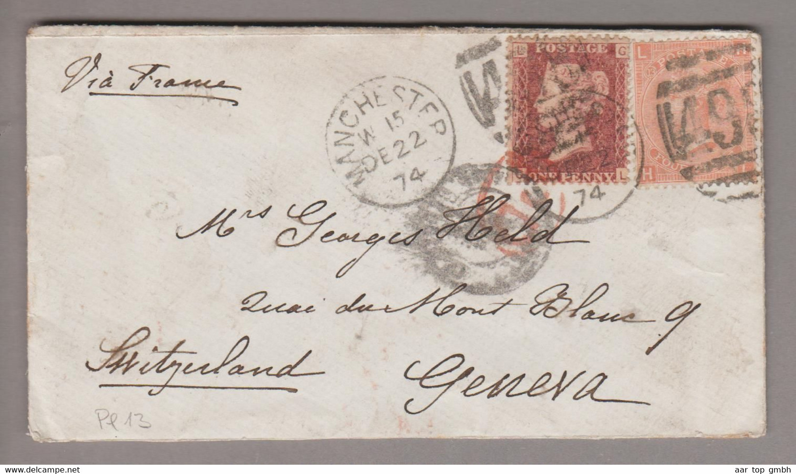 Grossbritannien 1874-12-22 Manchester Brief Via France Nach Geneve Mit 1P+4P Mi#24 Pl13 - Briefe U. Dokumente