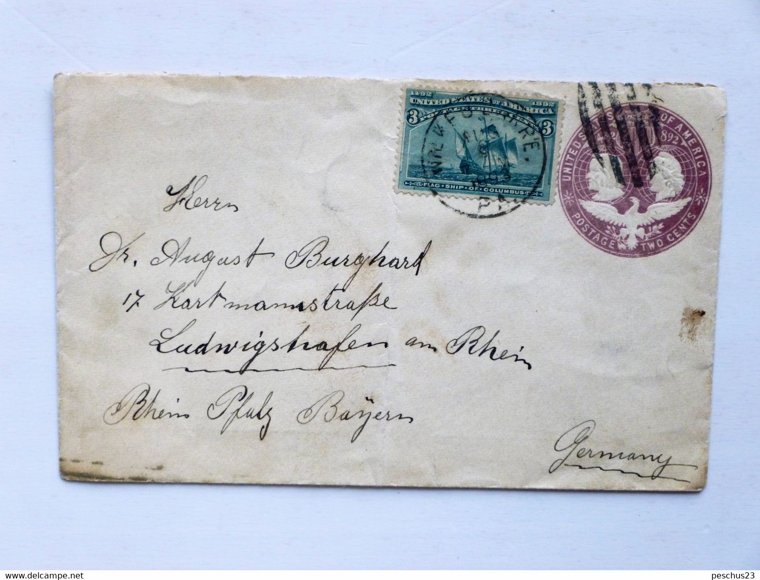 USA > GERMANY, 1893, Cover (2c Postal Stationary) + 3c Stamp "Flagship Of Columbus" - PA > Ludwigshafen - Covers & Documents