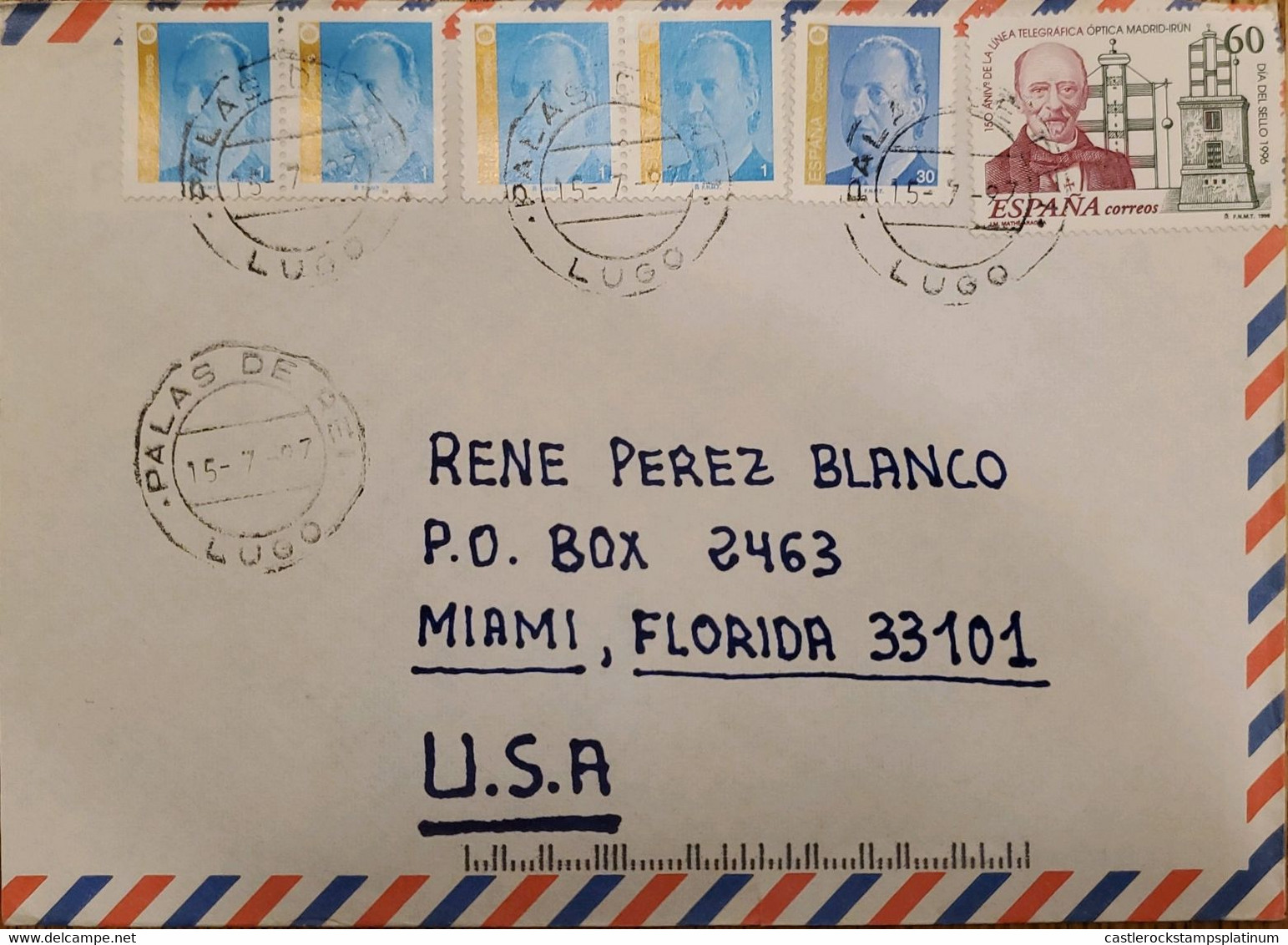 A) 1997, SPAIN, SEAL DAY, FROM LUGO TO MIAMI-UNITED STATES, KING JUAN CARLOS STAMPS - Cartas & Documentos