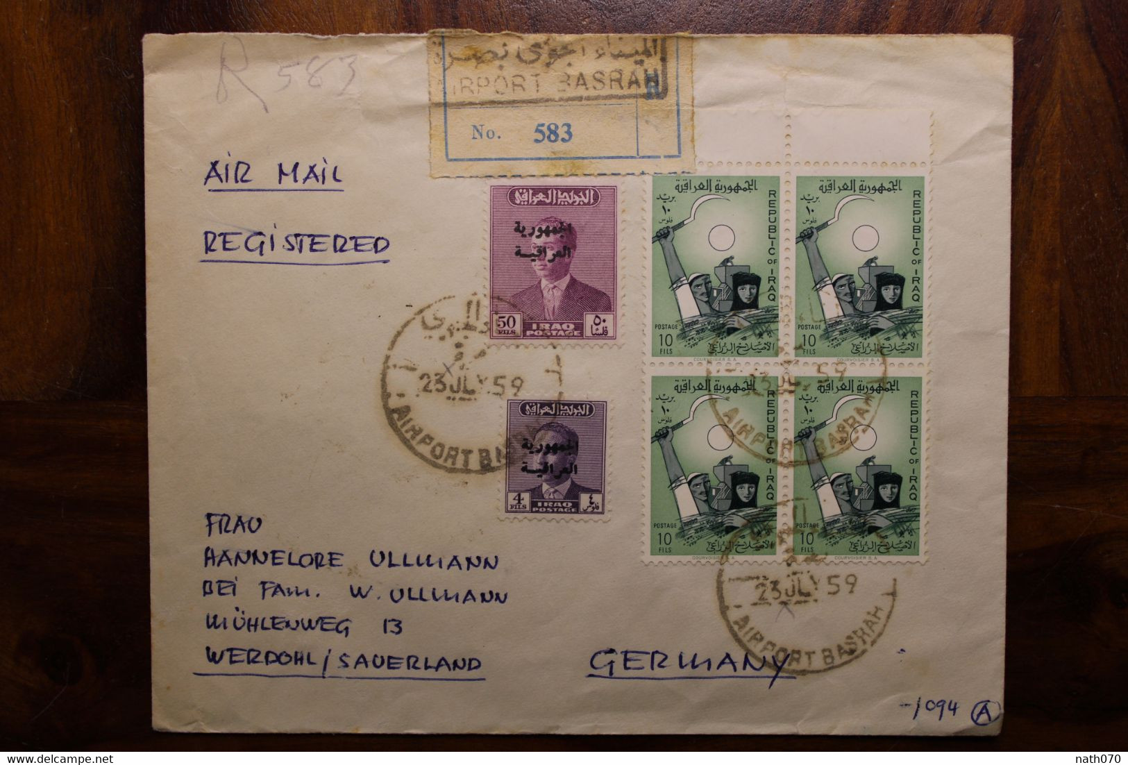 1949 Iraq Air Mail Cover Enveloppe Allemagne Werdhol Irak Bloc Basrah Bassorah Registered Par Avion Recommandé - Irak