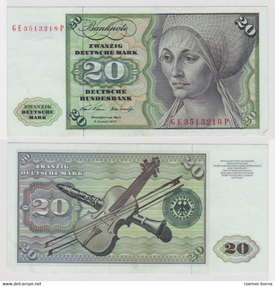 T112860 Banknote 20 DM Deutsche Mark Ro. 271b Schein 2.Jan. 1970 KN GE 3513218 P - 20 Deutsche Mark