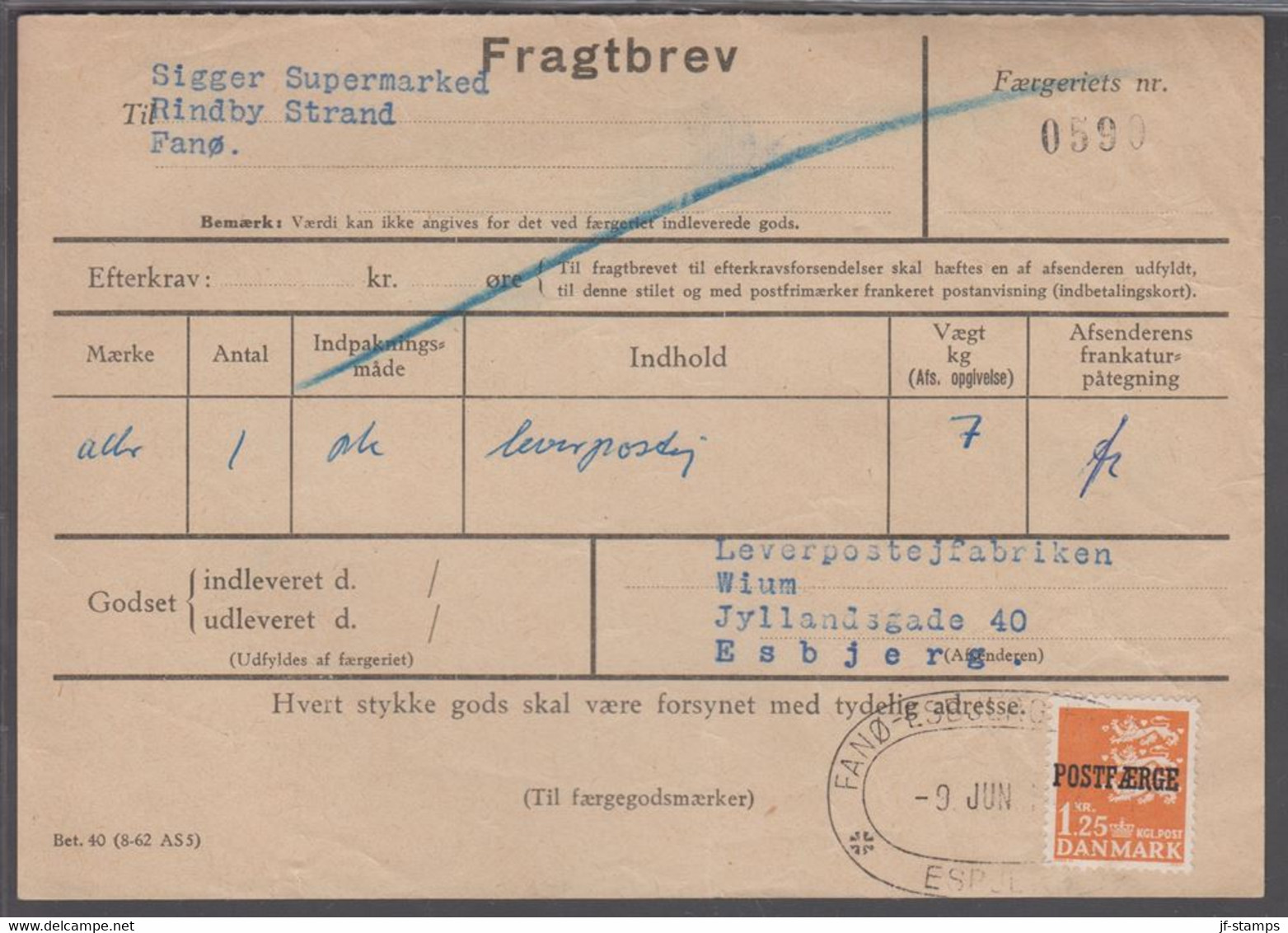 1967. Postfærge. 1,25 Kr. Orange On Fragtbrev To Fanø Cancelled FANØ - ESBJERG FÆRGER... (Michel PF40) - JF414685 - Parcel Post