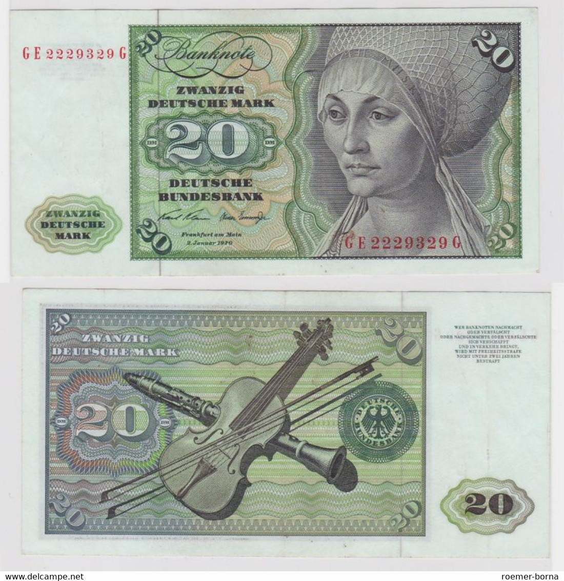 T114014 Banknote 20 DM Deutsche Mark Ro. 271b Schein 2.Jan. 1970 KN GE 2229329 G - 20 Deutsche Mark