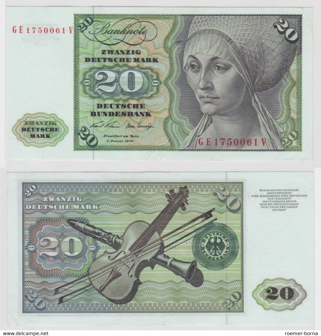 T115138 Banknote 20 DM Deutsche Mark Ro. 271b Schein 2.Jan. 1970 KN GE 1750061 V - 20 Deutsche Mark