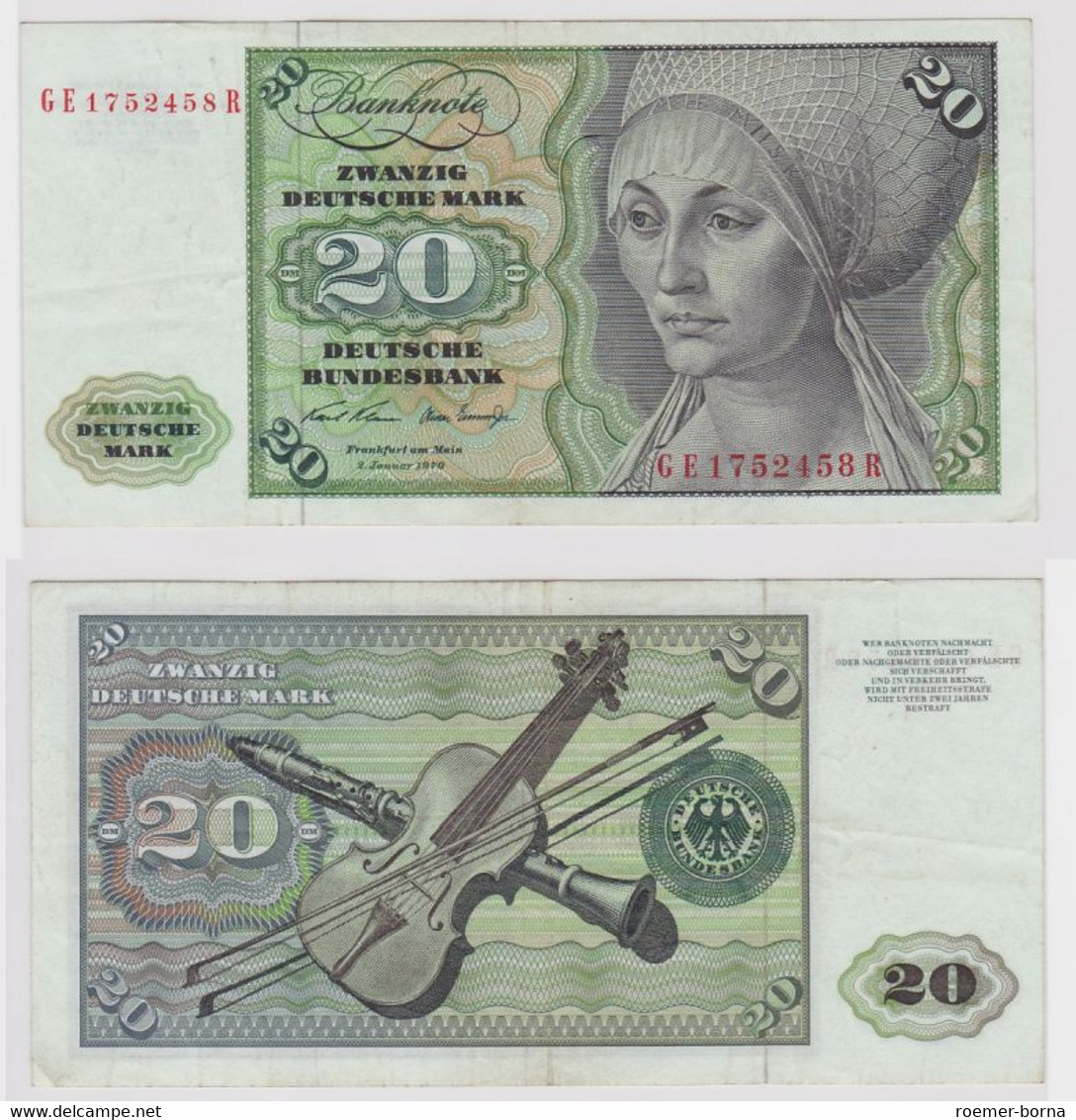 T115145 Banknote 20 DM Deutsche Mark Ro. 271b Schein 2.Jan. 1970 KN GE 1752458 R - 20 DM