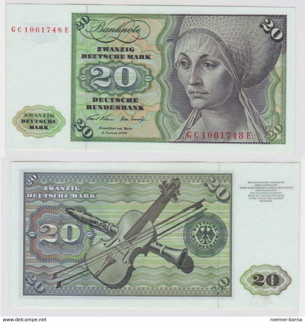 T115595 Banknote 20 DM Deutsche Mark Ro. 271a Schein 2.Jan. 1970 KN GC 1061748 E - 20 Deutsche Mark