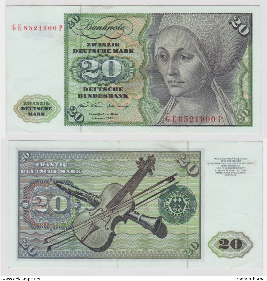 T115864 Banknote 20 DM Deutsche Mark Ro. 271b Schein 2.Jan. 1970 KN GE 8521900 P - 20 Deutsche Mark