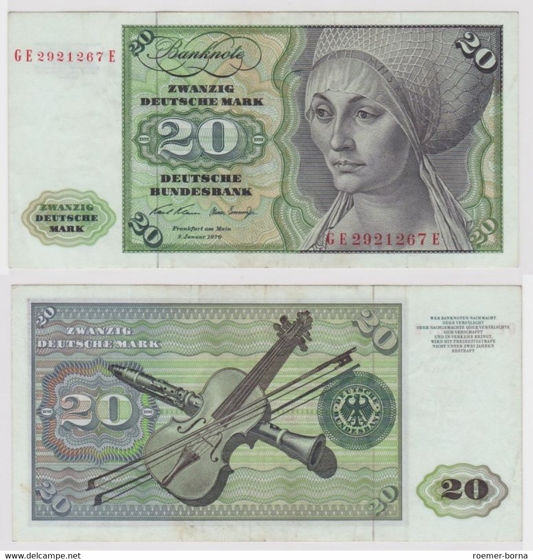 T116317 Banknote 20 DM Deutsche Mark Ro. 271b Schein 2.Jan. 1970 KN GE 2921267 E - 20 Deutsche Mark