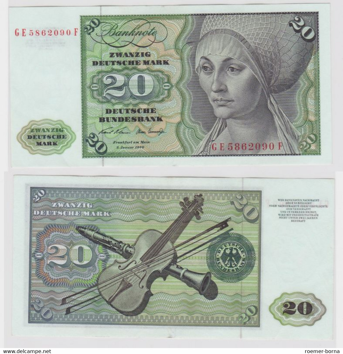T117625 Banknote 20 DM Deutsche Mark Ro. 271b Schein 2.Jan. 1970 KN GE 5862090 F - 20 Deutsche Mark