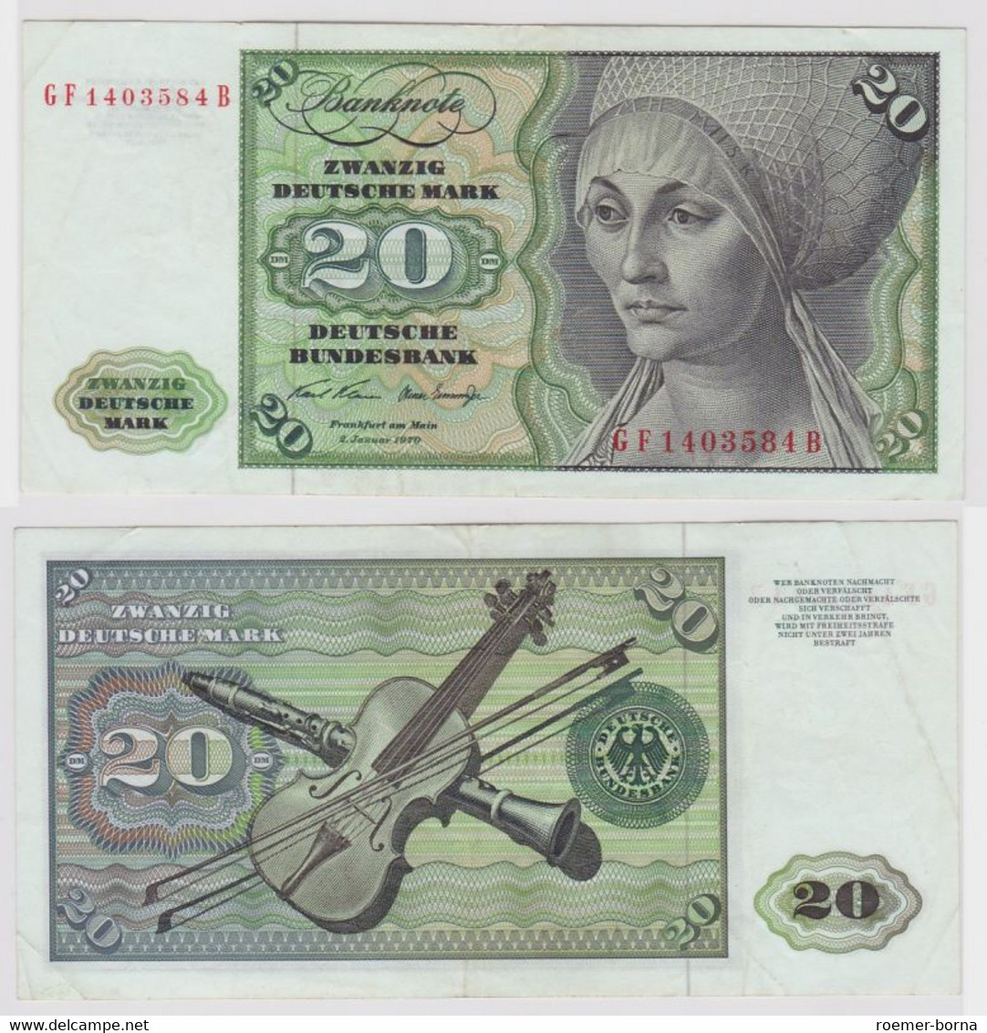 T118398 Banknote 20 DM Deutsche Mark Ro. 271b Schein 2.Jan. 1970 KN GF 1403584 B - 20 Deutsche Mark