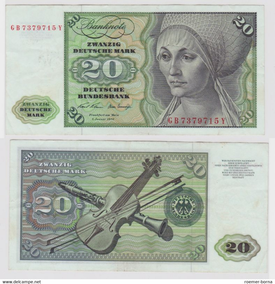 T119754 Banknote 20 DM Deutsche Mark Ro. 271a Schein 2.Jan. 1970 KN GB 7379715 Y - 20 Deutsche Mark