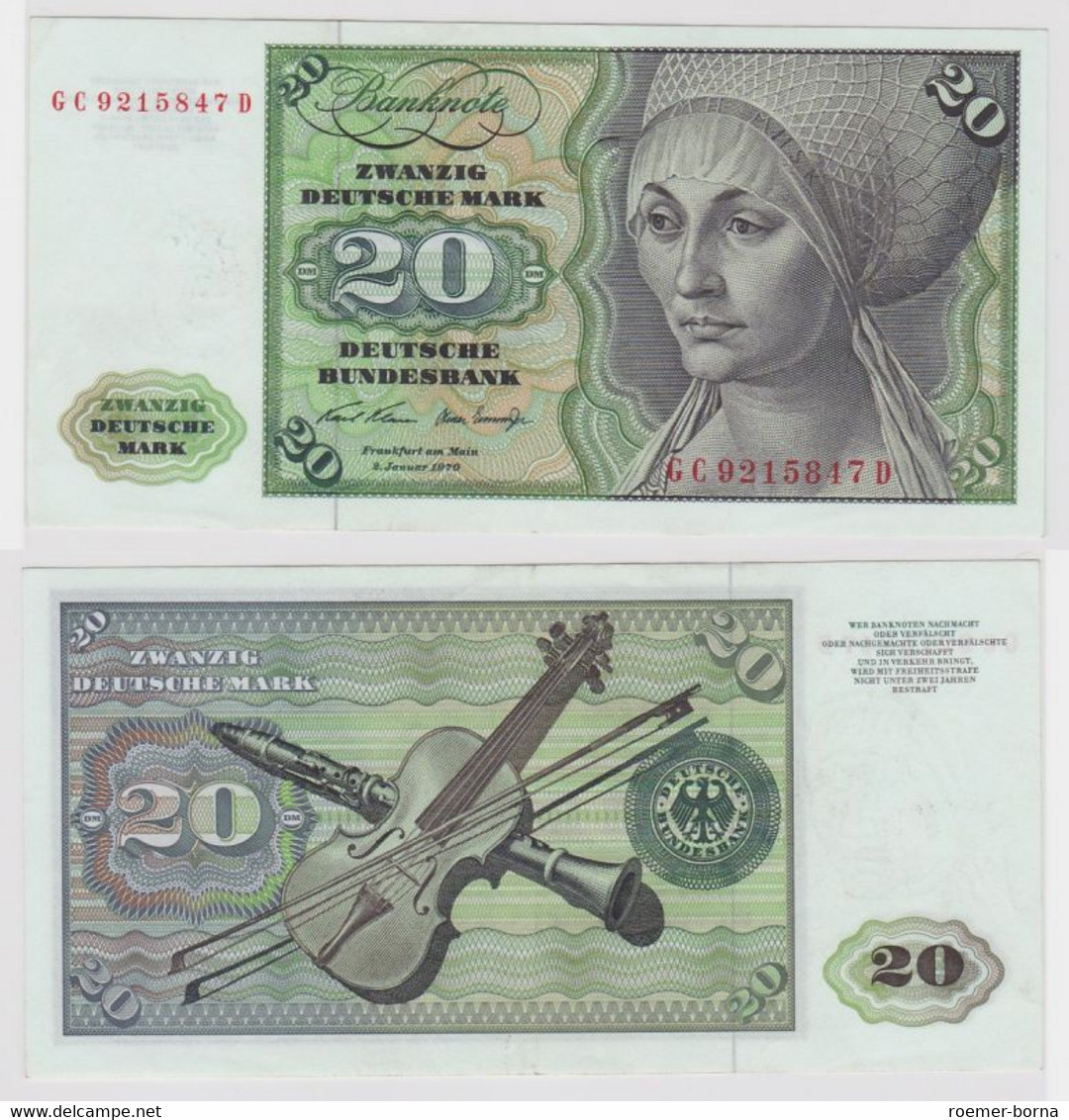 T119812 Banknote 20 DM Deutsche Mark Ro. 271a Schein 2.Jan. 1970 KN GC 9215847 D - 20 Deutsche Mark