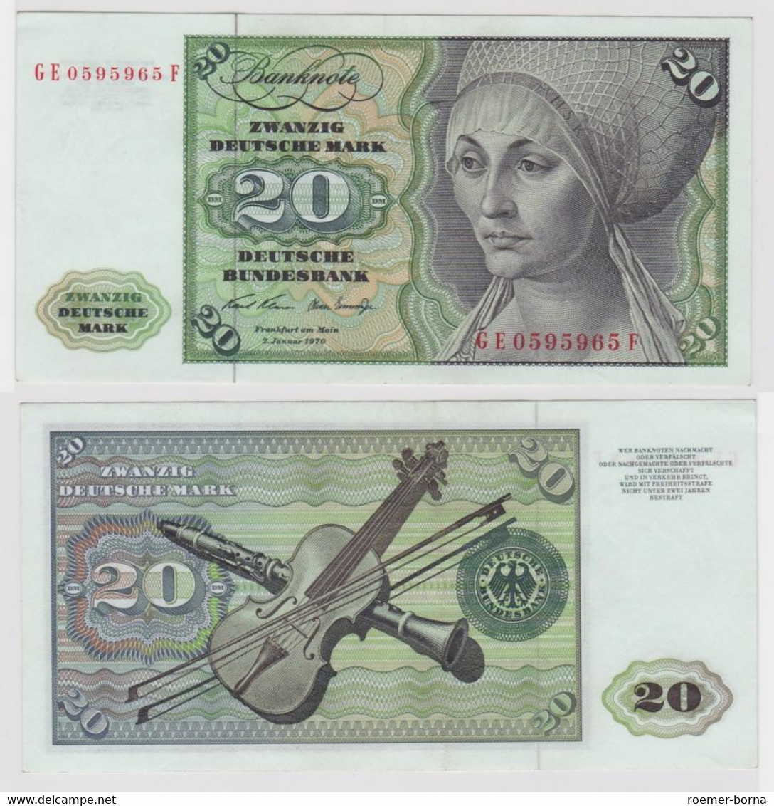 T131698 Banknote 20 DM Deutsche Mark Ro. 271b Schein 2.Jan. 1970 KN GE 0595965 F - 20 Deutsche Mark