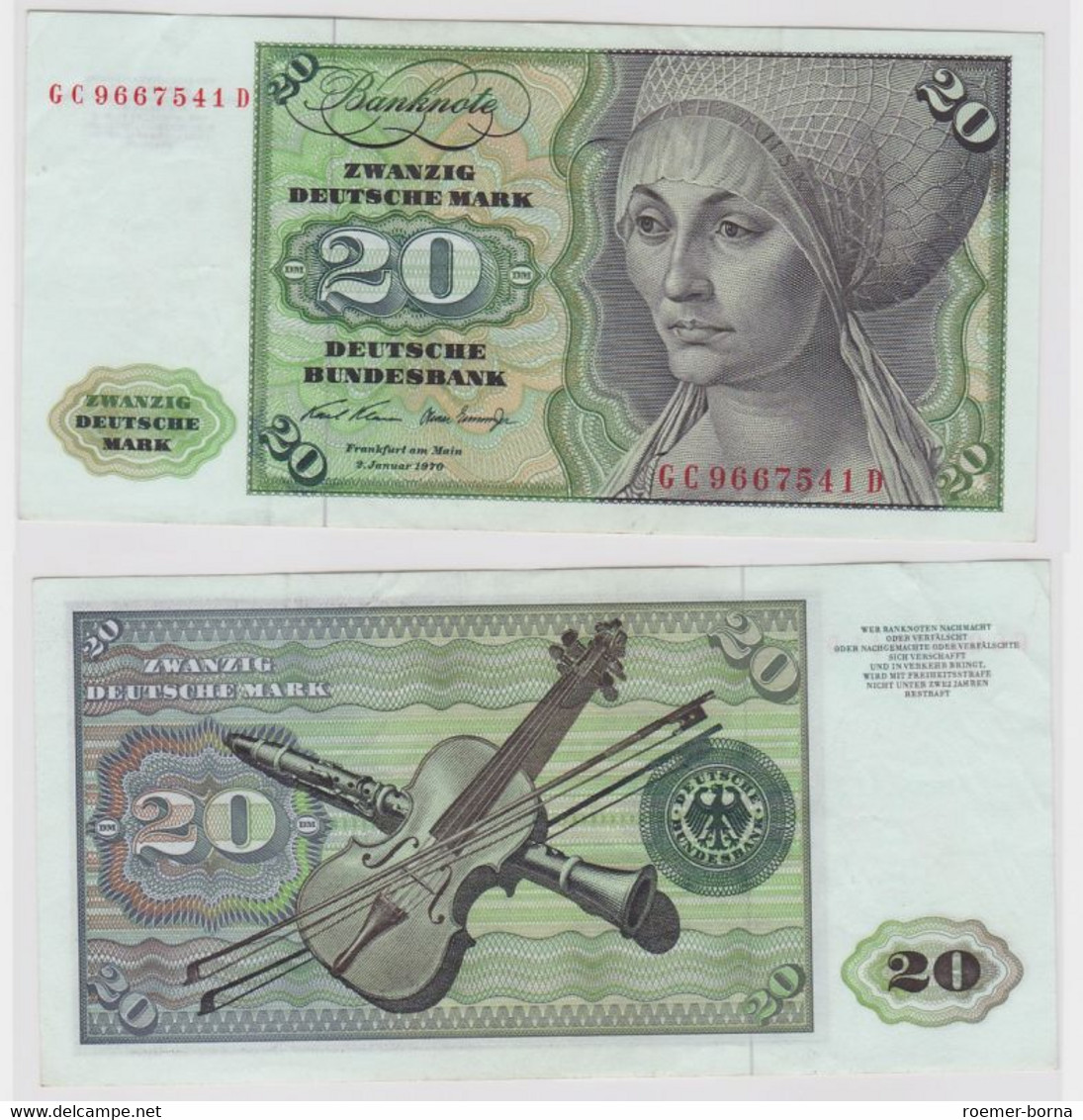 T133607 Banknote 20 DM Deutsche Mark Ro. 271a Schein 2.Jan. 1970 KN GC 9667541 D - 20 Deutsche Mark