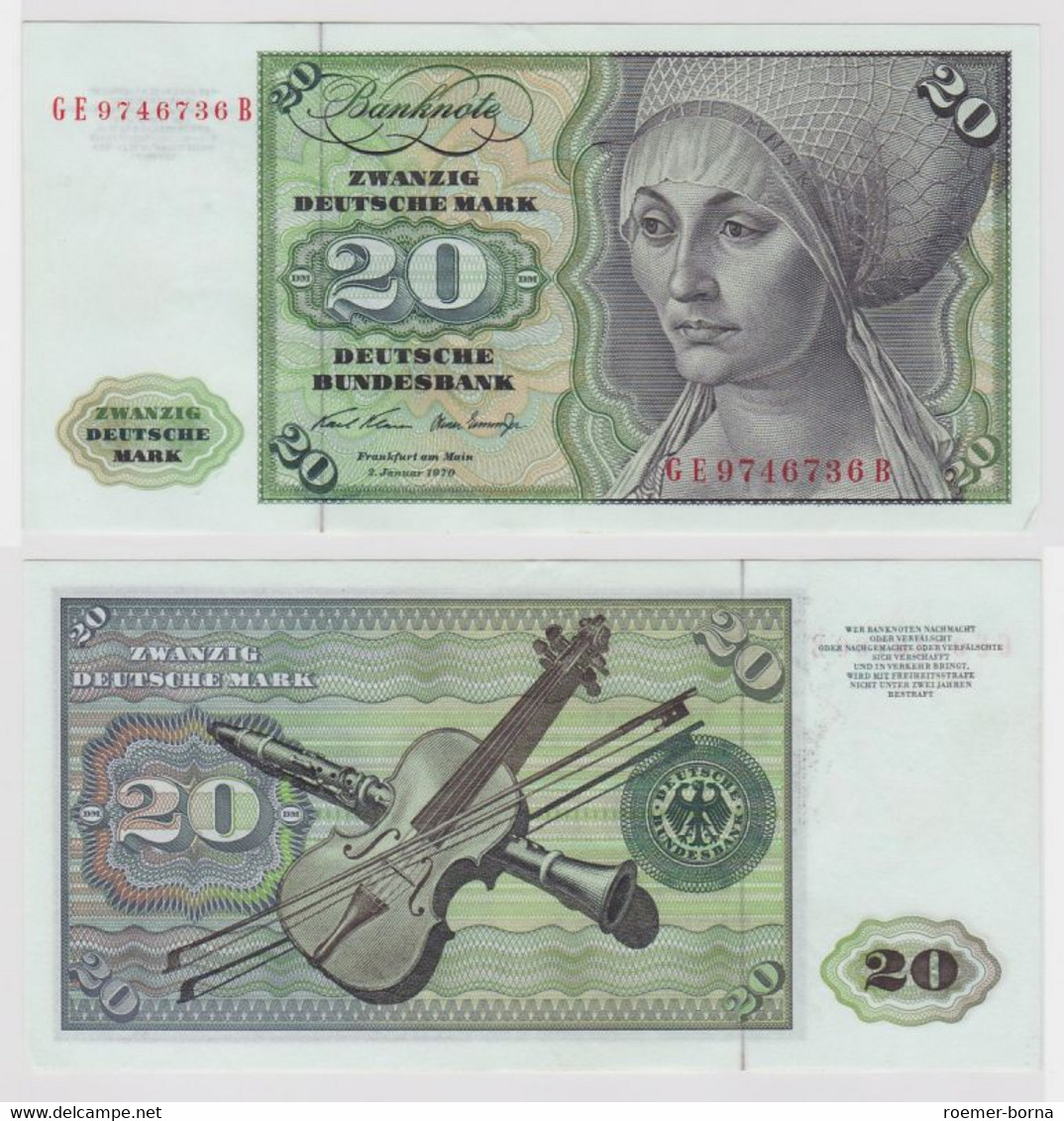 T134725 Banknote 20 DM Deutsche Mark Ro. 271b Schein 2.Jan. 1970 KN GE 9746736 B - 20 Deutsche Mark