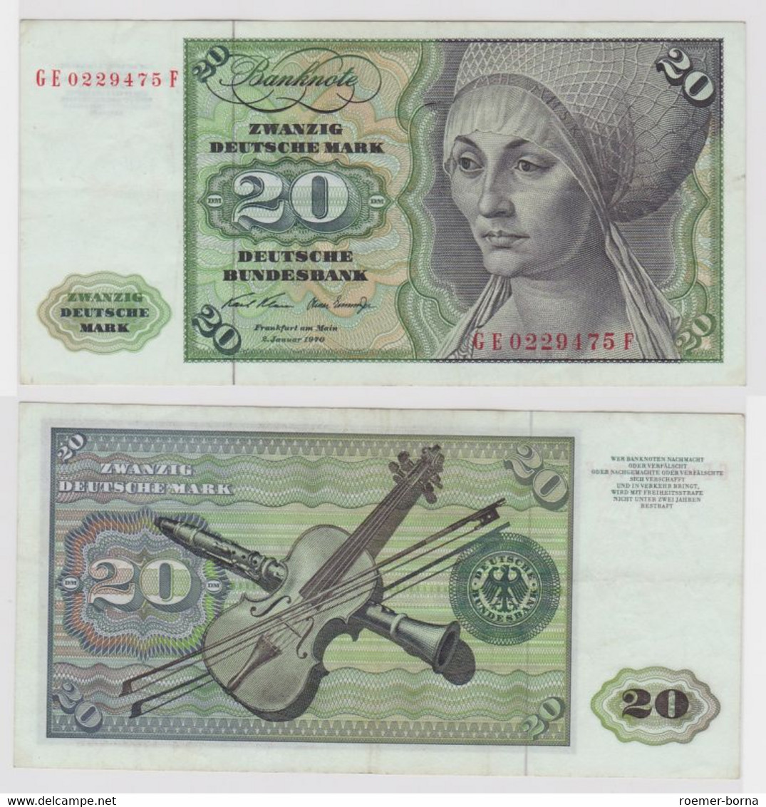 T135217 Banknote 20 DM Deutsche Mark Ro. 271b Schein 2.Jan. 1970 KN GE 0229475 F - 20 DM