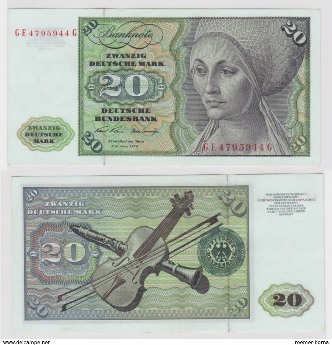 T136130 Banknote 20 DM Deutsche Mark Ro. 271b Schein 2.Jan. 1970 KN GE 4795944 G - 20 Deutsche Mark
