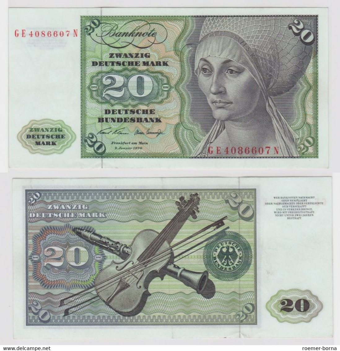 T137840 Banknote 20 DM Deutsche Mark Ro. 271b Schein 2.Jan. 1970 KN GE 4086607 N - 20 Deutsche Mark
