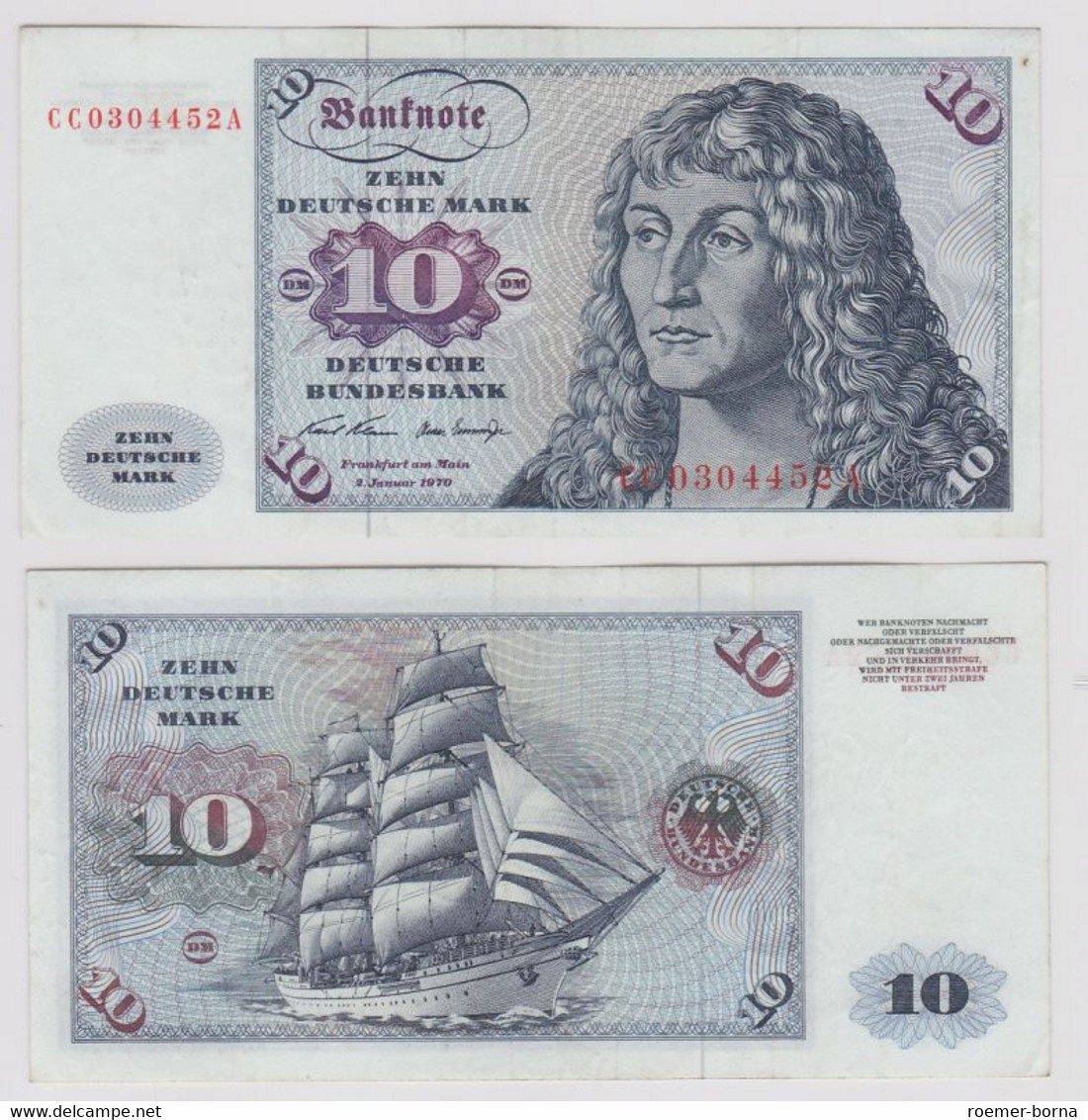 T143042 Banknote 10 DM Deutsche Mark Ro. 270a Schein 2.Jan. 1970 KN CC 0304452 A - 10 Deutsche Mark