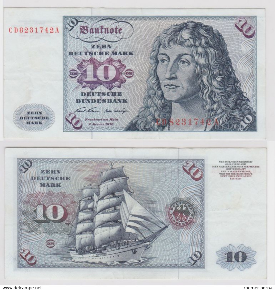 T143462 Banknote 10 DM Deutsche Mark Ro. 270a Schein 2.Jan. 1970 KN CD 8231742 A - 10 Deutsche Mark