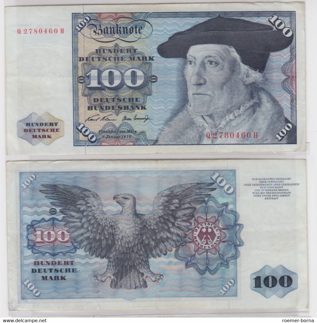 T144754 Banknote 100 DM Deutsche Mark Ro. 273a Schein 2.Jan. 1970 KN Q 2780460 H - 100 Deutsche Mark