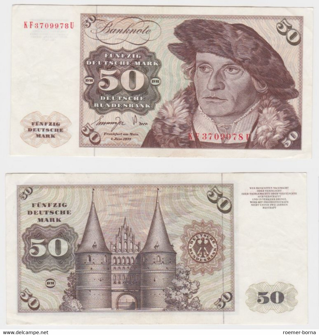 T145444 Banknote 50 DM Deutsche Mark Ro. 277a Schein 1.Juni 1977 KN KF 3709978 U - 50 Deutsche Mark