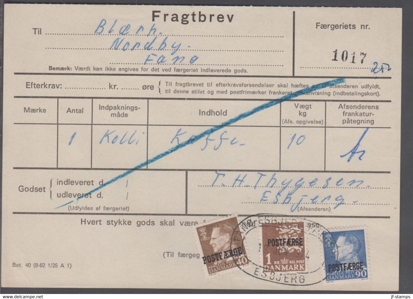1974. Postfærge. Fr. IX. 40 Øre + 90 Øre + 1 Kr On Fragtbrev To Fanø Cancelled FANØ -... (Michel PF43) - JF414703 - Paquetes Postales