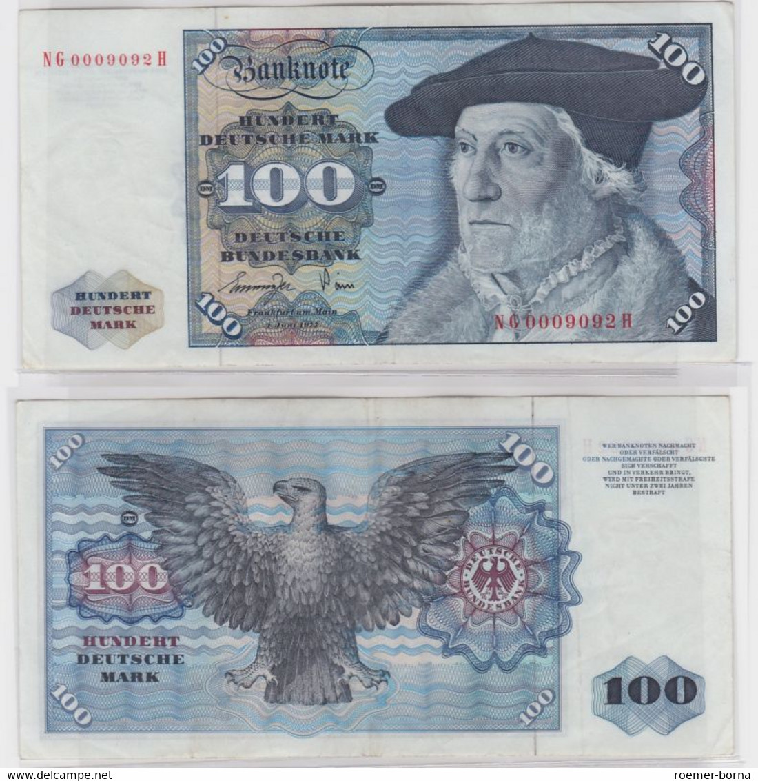 T146005 Banknote 100 DM Deutsche Mark Ro 278a Schein 1.Juni 1977 KN NG 0009092 H - 100 DM