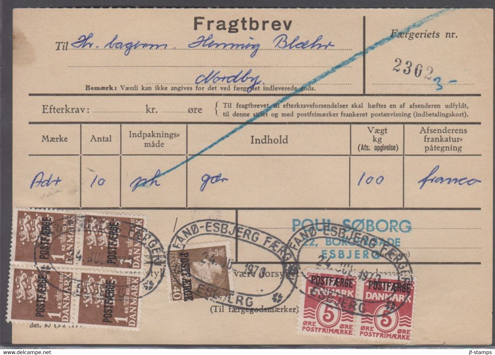 1970. Postfærge. Fr. IX. 40 Øre + 2 Ex 5  Øre + 4-block 1 Kr On Fragtbrev To Fanø Can... (Michel PF41+) - JF414705 - Paquetes Postales