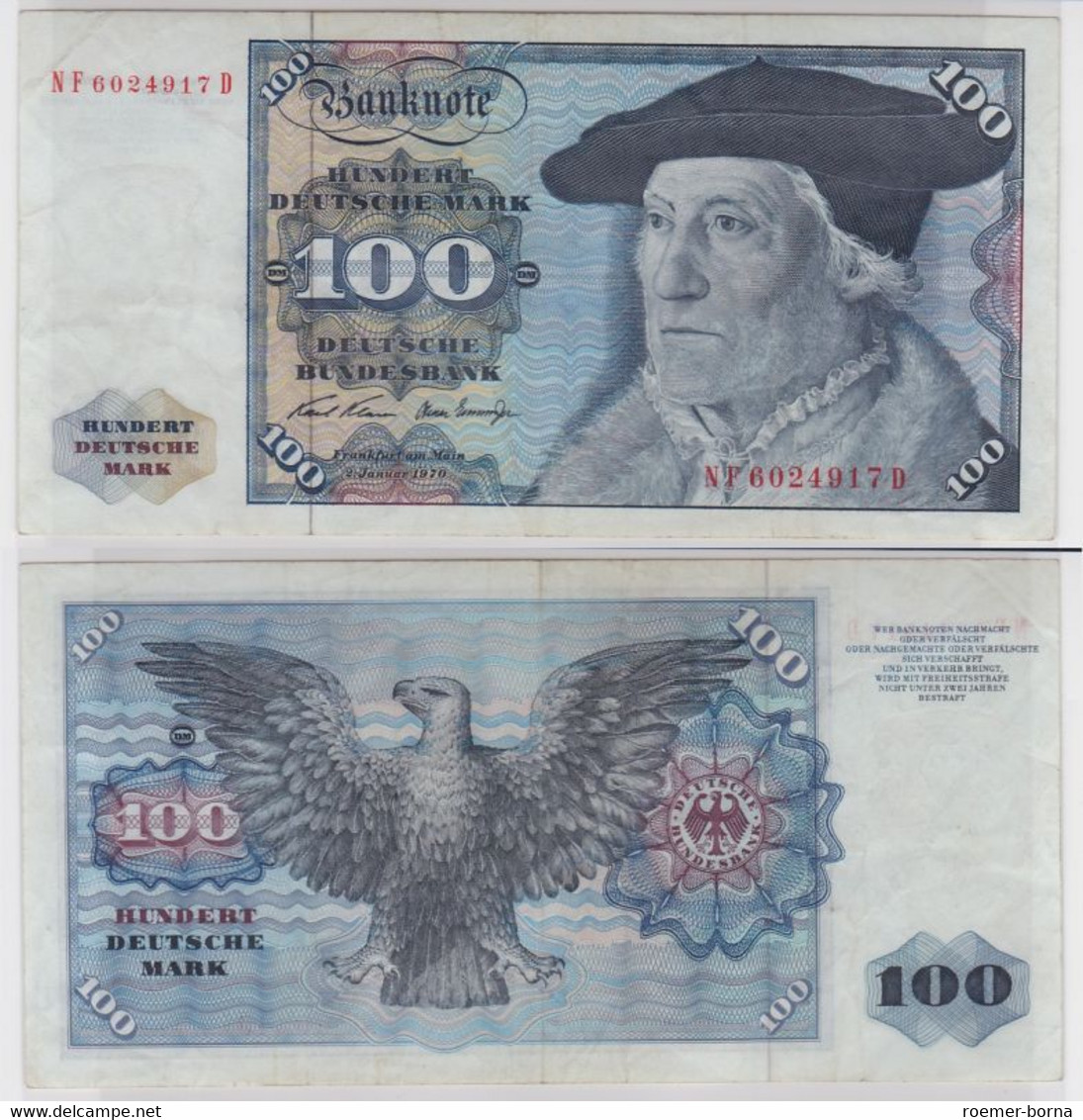 T146049 Banknote 100 DM Deutsche Mark Ro. 273b Schein 2.Jan 1970 KN NF 6024917 D - 100 Deutsche Mark
