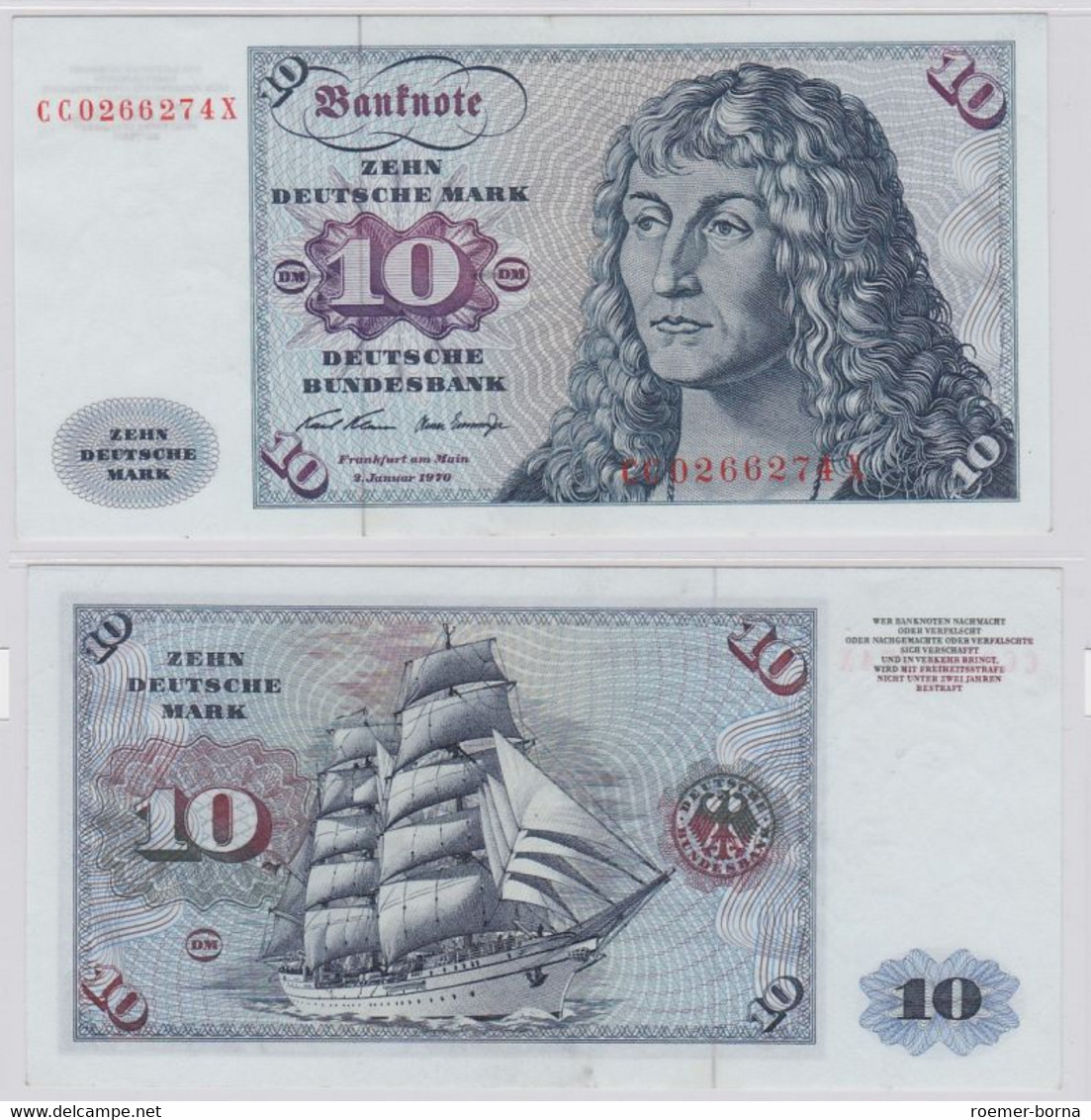 T146059 Banknote 10 DM Deutsche Mark Ro. 270a Schein 2.Jan. 1970 KN CC 0266274 X - 10 Deutsche Mark