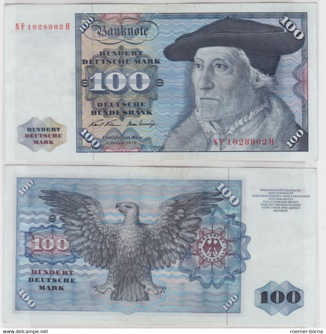 T146077 Banknote 100 DM Deutsche Mark Ro. 273b Schein 2.Jan 1970 KN NF 1028902 H - 100 DM