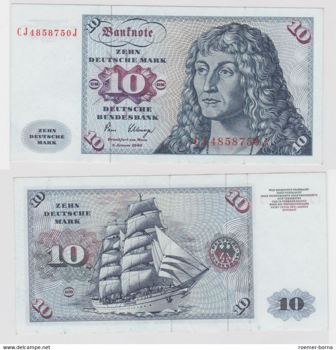 T146093 Banknote 10 DM Deutsche Mark Ro. 281a Schein 2.Jan. 1980 KN CJ 4858750 J - 10 DM