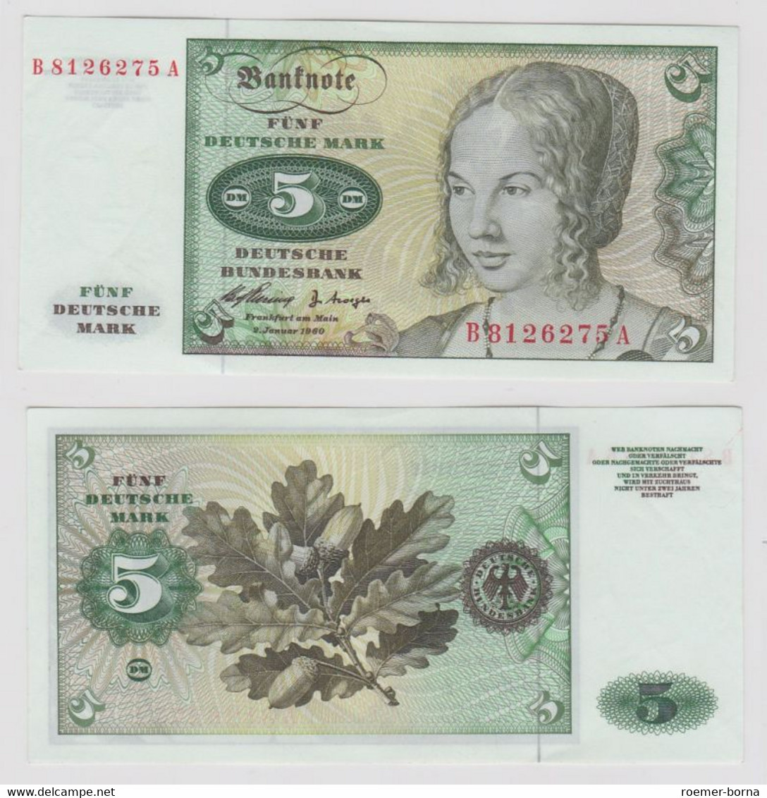 T146095 Banknote 5 DM Deutsche Mark Ro. 262e Schein 2.Jan. 1960 KN B 8126275 A - 5 Deutsche Mark