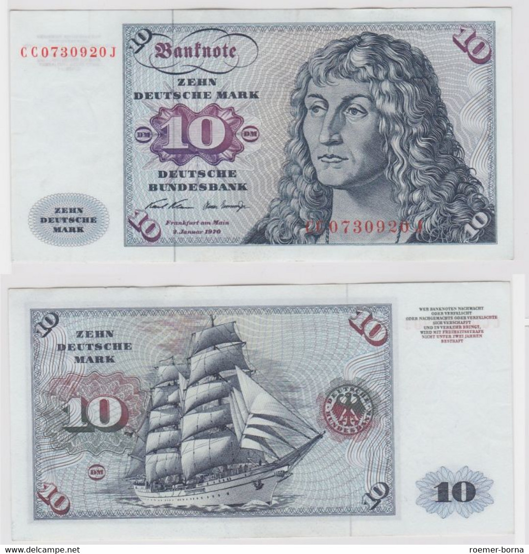 T146113 Banknote 10 DM Deutsche Mark Ro. 270a Schein 2.Jan. 1970 KN CC 0730920 J - 10 DM