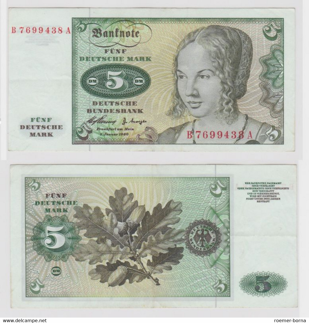 T146115 Banknote 5 DM Deutsche Mark Ro. 262e Schein 2.Jan. 1960 KN B 7699438 A - 5 Deutsche Mark