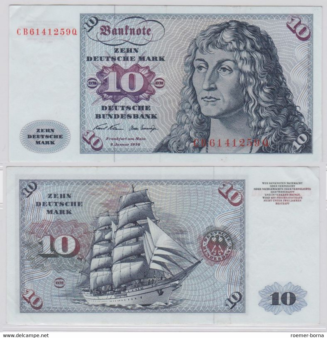 T146127 Banknote 10 DM Deutsche Mark Ro. 270a Schein 2.Jan. 1970 KN CB 6141259 Q - 10 Deutsche Mark