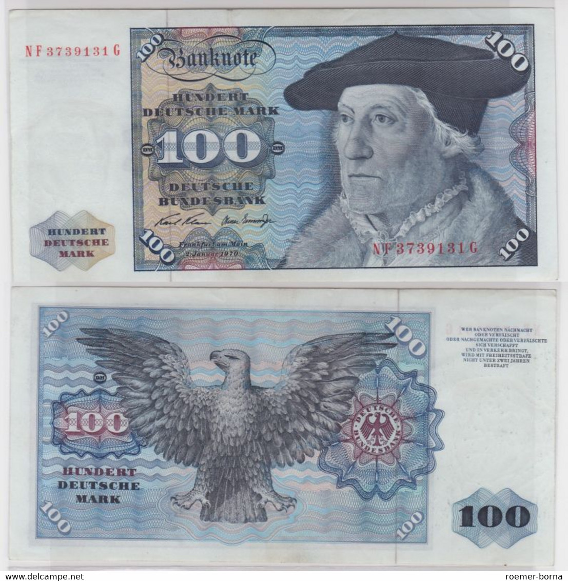 T146139 Banknote 100 DM Deutsche Mark Ro. 273b Schein 2.Jan 1970 KN NF 3739131 G - 100 Deutsche Mark