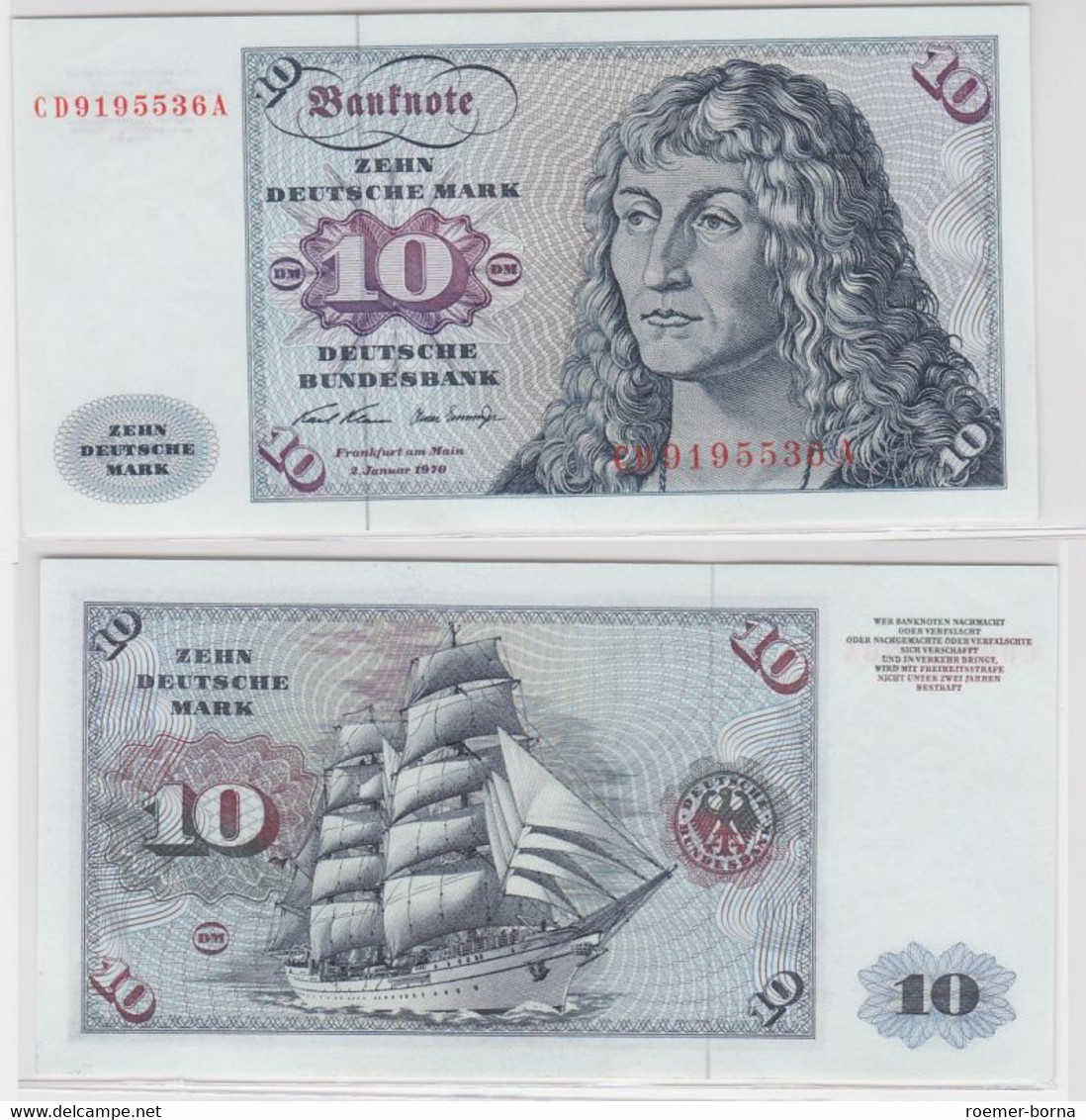 T146147 Banknote 10 DM Deutsche Mark Ro. 270a Schein 2.Jan. 1970 KN CD 9195536 A - 10 Deutsche Mark