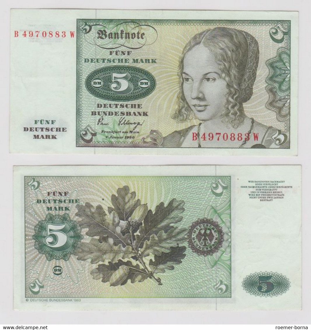 T146163 Banknote 5 DM Deutsche Mark Ro. 285a Schein 2.Jan. 1980 KN B 4970883 W - 5 Deutsche Mark