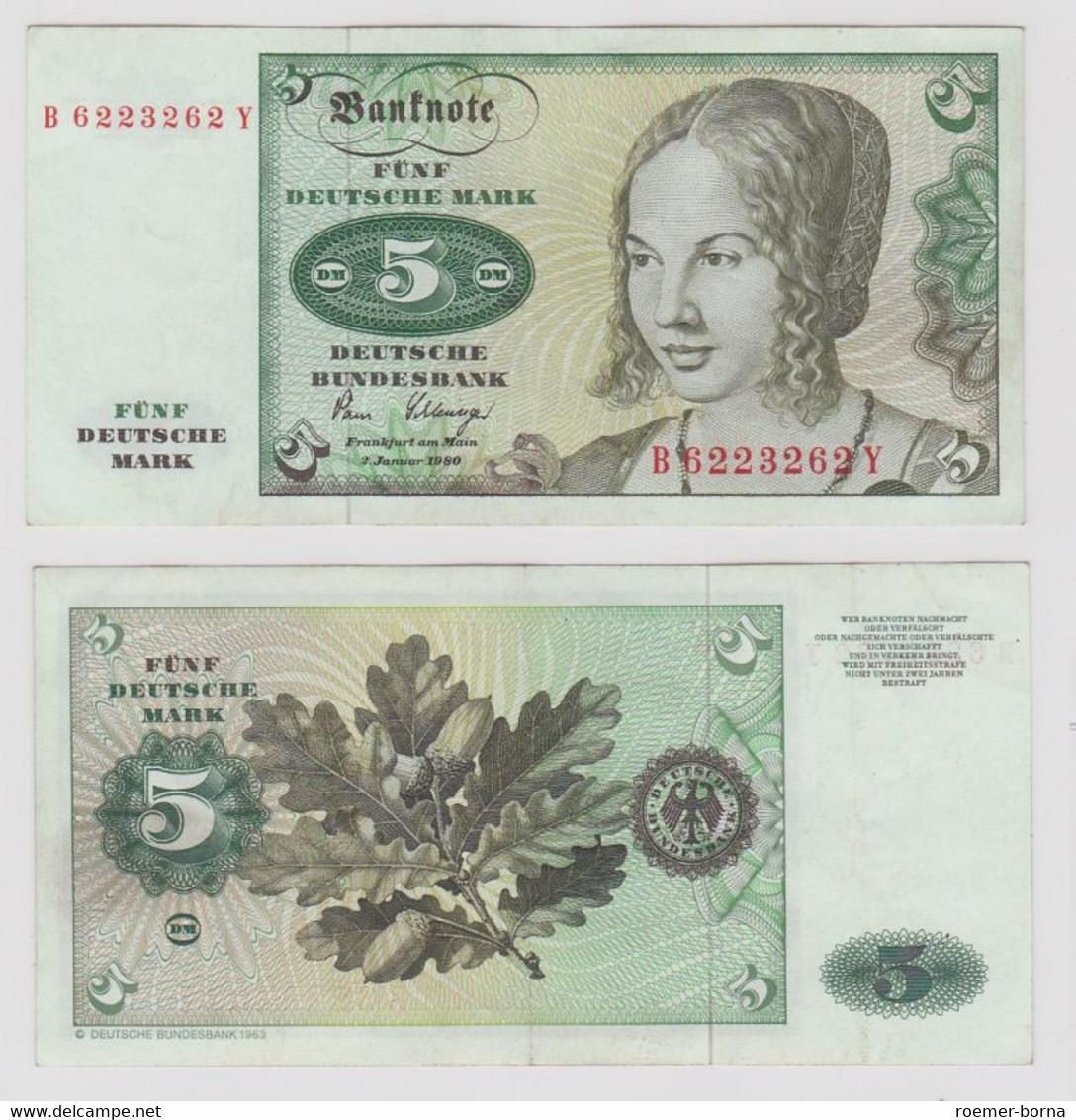 T146183 Banknote 5 DM Deutsche Mark Ro. 285a Schein 2.Jan. 1980 KN B 6223262 Y - 5 DM