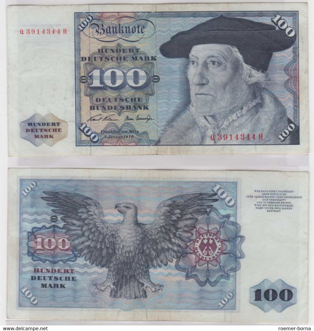 T146191 Banknote 100 DM Deutsche Mark Ro. 273a Schein 2.Jan. 1970 KN Q 3914344 H - 100 Deutsche Mark