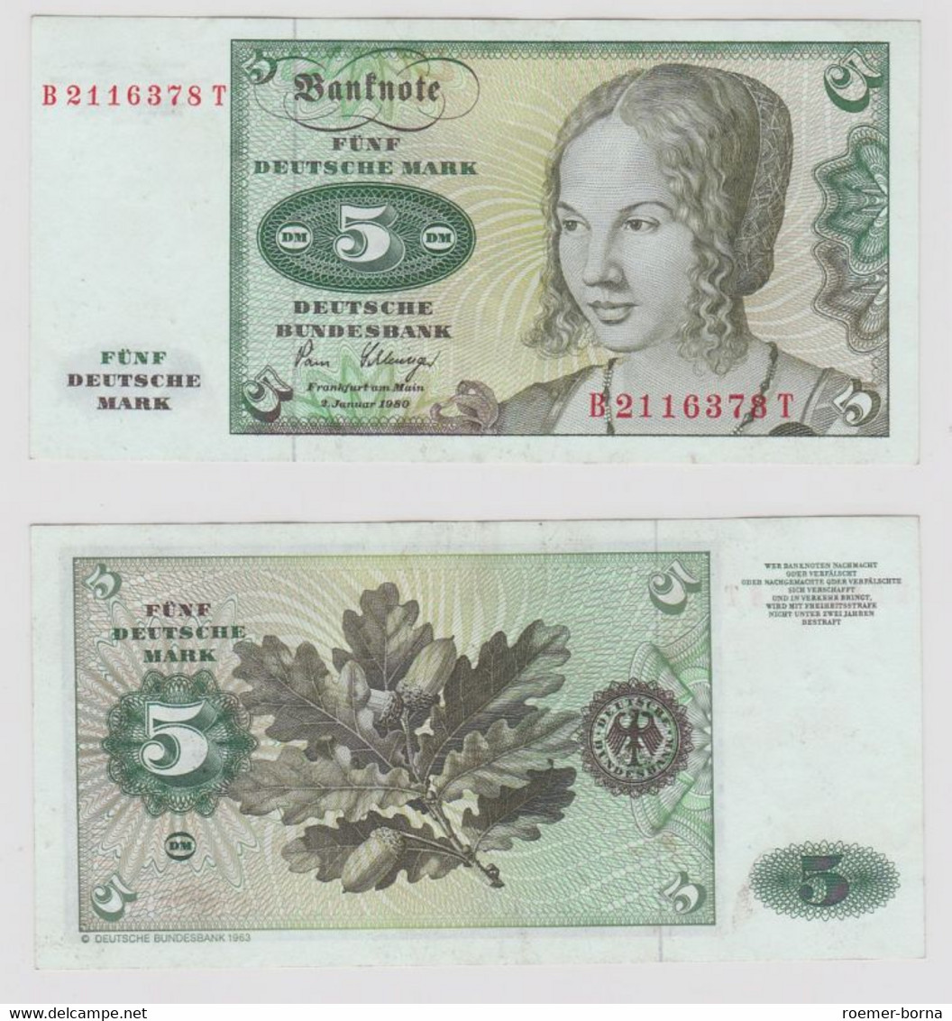 T146225 Banknote 5 DM Deutsche Mark Ro. 285a Schein 2.Jan. 1980 KN B 2116378 T - 5 Deutsche Mark