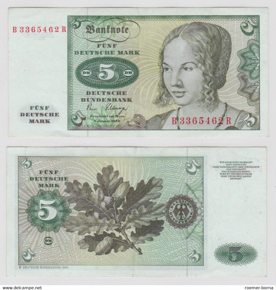 T146270 Banknote 5 DM Deutsche Mark Ro. 285a Schein 2.Jan. 1980 KN B 3365462 R - 5 Deutsche Mark